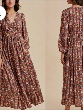 Molly Bracken Brown Floral V-Neck Long Sleeve Maxi Dress